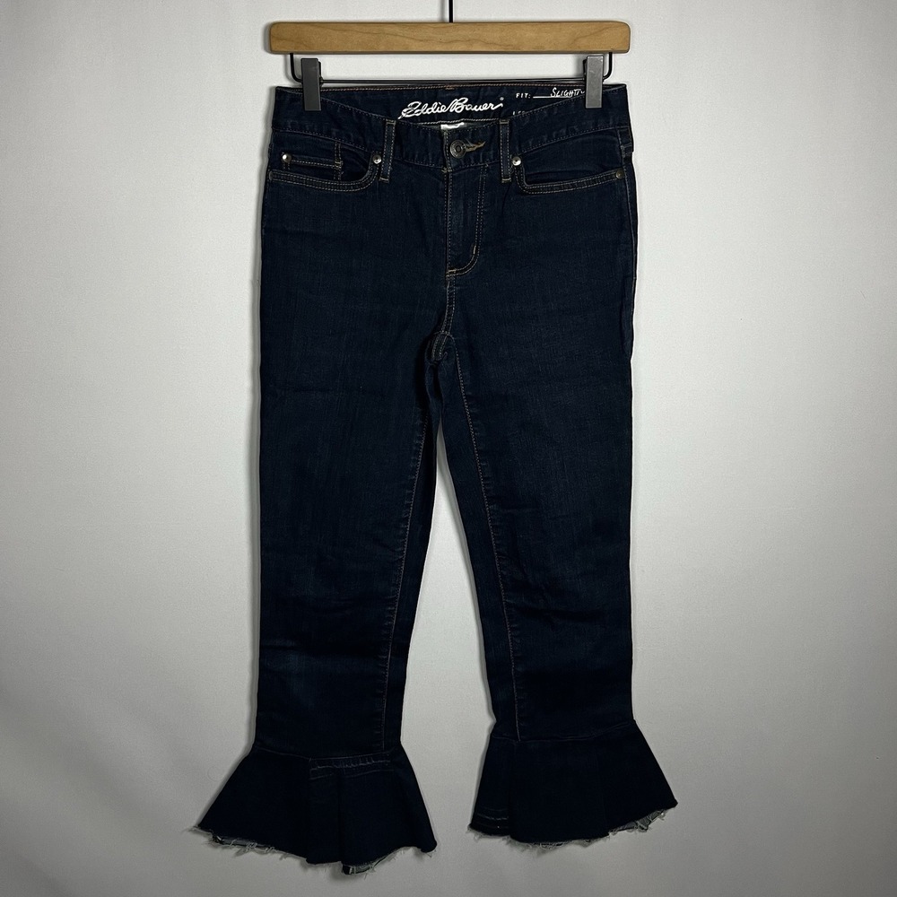 Eddie Bauer‎ Pants Women Waist 27" Dark Wash Reworked Denim Crop Flare Jeans
